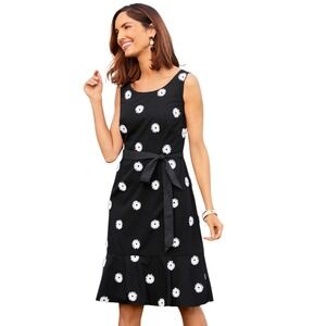 Talbots Dress Women 16P Black Daisy Embroidered Fit Flare Tie Waist Sleeveless